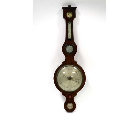 An early Victorian rosewood veneered aneroid banjo wall barometer, the central 10” silvered dial below a small mirror and sil