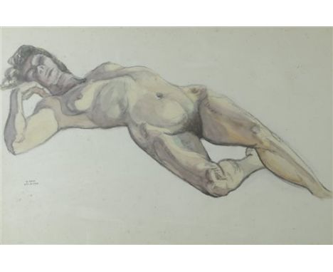 K. Ross, Welborn, reclining lady, signed, pastel and watercolour, 36 x 53cm