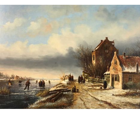 De Vries (20th century), Skaters on a frozen canal, signed, oil on panel, 29 x 38cm