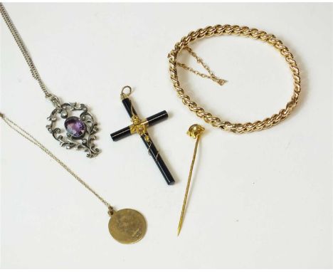 A collection of jewellery, to include; a yellow metal curb link bangle, a 9ct gold St Christopher's pendant on chain, a yello
