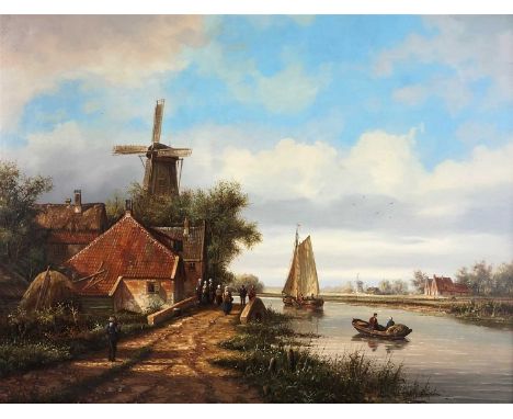 De Vries (20th century), Windmill bedside a canal, signed, oil on panel, 29 x 39cm