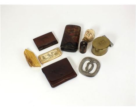 An interesting collection of mixed objet d'art to include three fragments of amber containing insects, 10 cm long, A Japanese