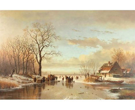 De Vires (20th century), Extensive view of a frozen canal, signed, oil on panel, 38 x 58cm