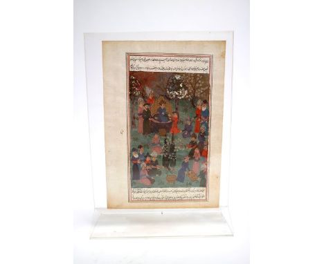 A Persian illustrated leaf from a dispersed manuscript, possibly Timurid, ruled in red and black and painted in bright colour
