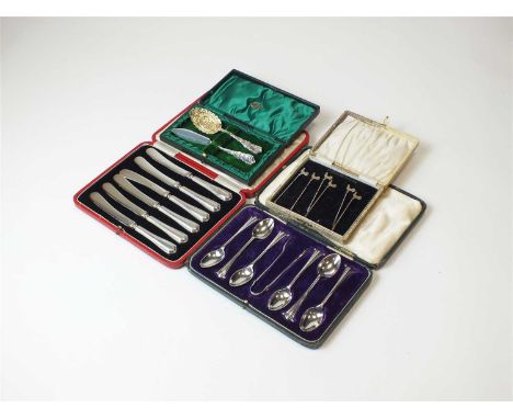 A collection of cased silver flatware and cased plated flatware, to include; a cased set of six Albany pattern silver teaspoo