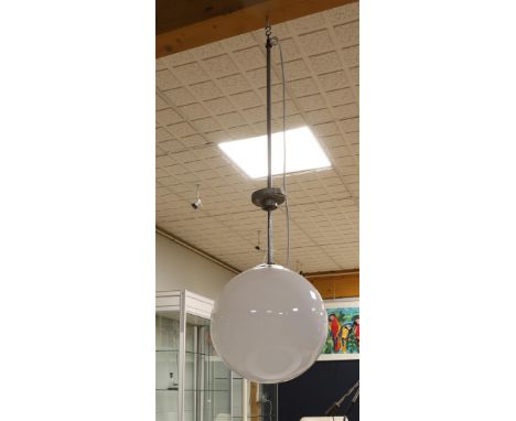 A chrome metal school lamp with white glass convex shade, 1960s, length 110 cm.