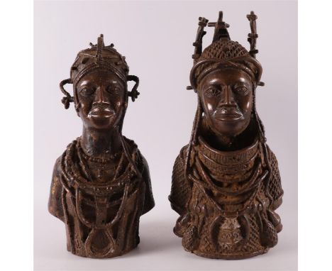 Ethnographic/tribal. A brown patinated Benin bronze of a royal couple, Africa, Nigeria, 20th century, h40 and 38cm, to. 2x.