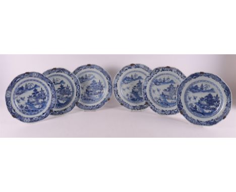 A series of six blue/white porcelain octagonal plates, China, Qianlong, 2nd half of the 18th century. Blue underglaze decor o