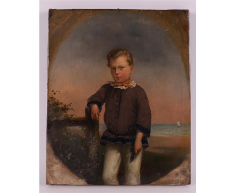 European school 19th century "Portrait of boy near a fence", oil paint/canvas, h 31 x w 25 cm.