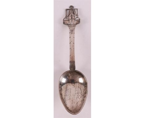 A second grade 835/1000 silver birth spoon with crowning farmer with yoke, Friesland, 19th century. Master's mark: R. Feenstr