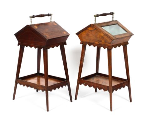 A Victorian rosewood workbox on stand and a glass fronted bijouterie table similar, each with turned wooden brass mounted han