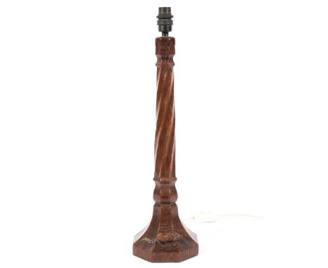 An early Robert 'Mouseman' Thompson oak table lamp with barley twist column on octagonal base, fitted with electricity, 49 cm