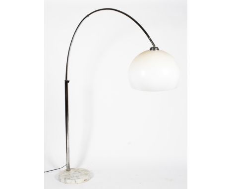 An Italian chrome adjustable arc lamp with square white marble base and Perspex shade. 