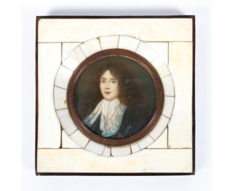 A portrait miniature of a gentleman on ivory, dressed in the 17th century style, within inlaid frame, the portrait 5 cm high 