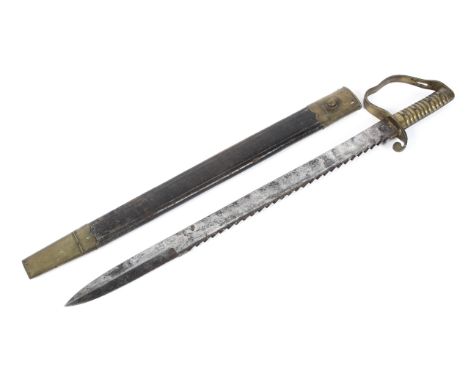 A British 1856 pattern Pioneers sawback sword, the straight blade with double edge point and sawback, stamped with broad arro