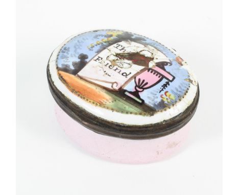 A small Staffordshire Bilson enamel patch box, late 18th/early 19th century, of oval form, with Friendship inscription beside