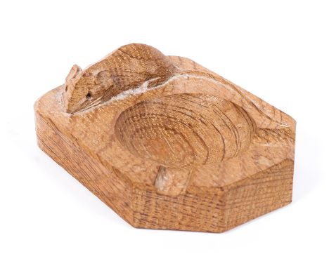 A Robert 'Mouseman' Thompson carved oak ashtray, of canted rectangular form, carved with a mouse to the rim, 10.5 cm wide 