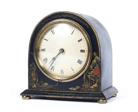 A Georgian style mantel clock, the guilloche enamelled dial on a French brass eight day movement, the domed case with chinois