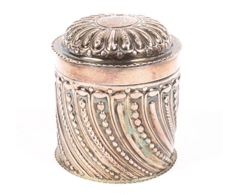 A sterling silver cylindrical tea caddy, retailed by Wilson &amp; Gill London 1873.by William Comyns.  118g. 