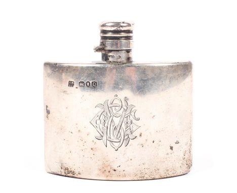 A late Victorian silver hip flask of crescent form, engraved initial to front, hallmarked London 1891 by Sampson Mordan &amp;