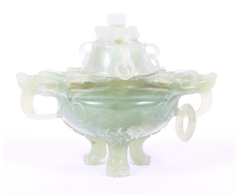 A jade coloured hardstone censor with carved dragon and loop handles. 16cm x 12cm. 