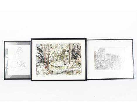 Four pictures to include two Kathe Strenitz (1923-) pencil sketches, an ink and watercolour and a pastel still life, three in