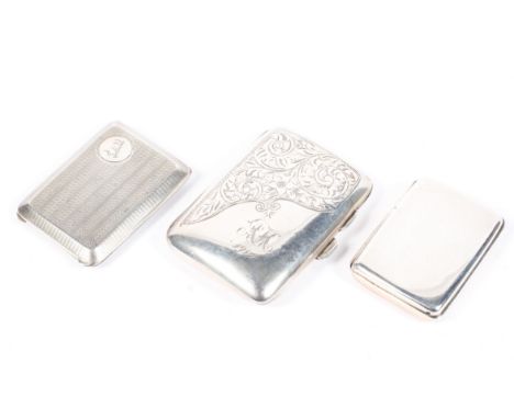A silver cigarette case, silver match book holder and a silver snuff box of rectangular form, each opening to reveal gilt int