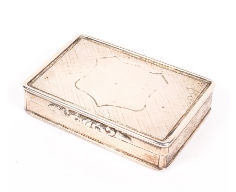 An early Victorian silver snuff box by Nathaniel Mills, of rectangular form, with vacant cartouche, the hinged lid opening to