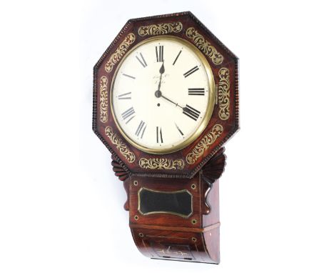 A mid-19th century rosewood and brass inlaid drop dial fusee wall clock, the white enamelled dial signed Newton &amp; Co/Lond