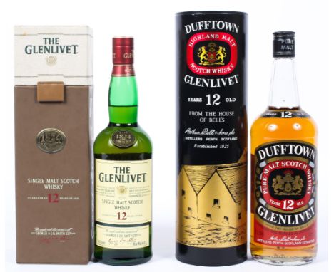 Whisky. Dufftown Glenlivet 12 year old pure malt Scotch whisky, 1 litre, 43 GL, together with a bottle of Glenlivet 12 year s