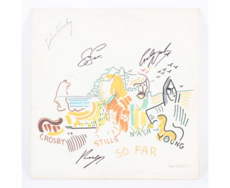 A signed Crosby, Stills, Nash &amp; Young So Far LP, with Joni Mitchell designed cover, Atlantic Records, 1974, signed by all