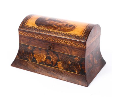 A Tunbridge ware domed rectangular tea caddy, circa 1870, the domed cover decorated with a castle before a bridge and river w