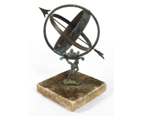 A 20th century cast metal garden armillary sundial, supported by a male figure, on stone base, 50cm high.