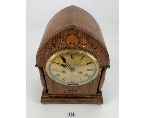Gustav Becher Arch Shaped Oak Mantle Clock With Brass Face, Pendulum And Key, 11"W X 7"D X 15"H