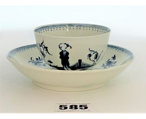 Worcester blue and white teabowl and saucer, c. 1775 with labels 'Stoke-on-Trent Museum Ceramics Department, B + RM Watkins',