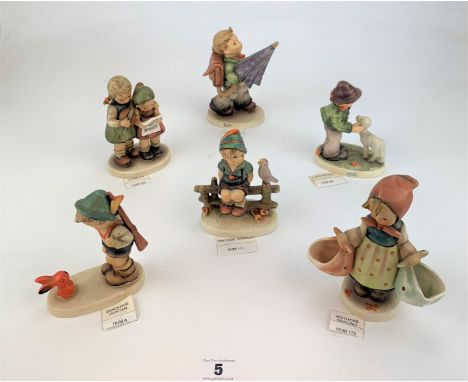 6 Hummel figures- 'Is it Raining' 420 (6"),  'Shepherd Boy' 395, 'Close Harmony' 336 (4"), 'Sensitive Hunter' 6, 'Wayside Har