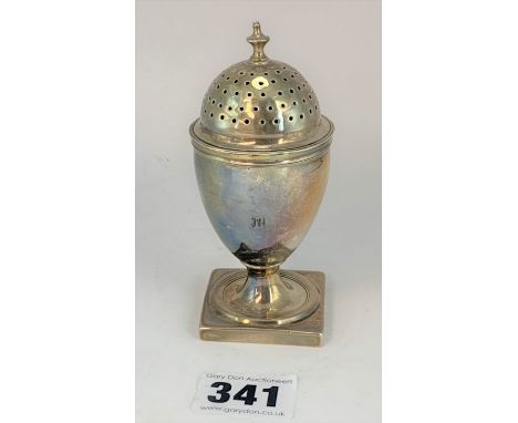 George III silver spice caster, London 1802. maker Crispin Fuller. Removable top with urn finial. 4" high. W: 2.5 ozt