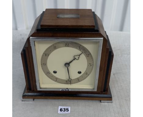 Art deco 2 hole wooden mantle clock with pendulum, with inscription from 1948, 10"w x 5"d x 9"h