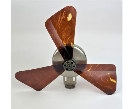 Vintage mechanical hand held metal and tortoiseshell rotary fan, 2.75" high