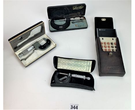 Rockwell Advanced Slide Rule in case and 3 cased watch maker's tools