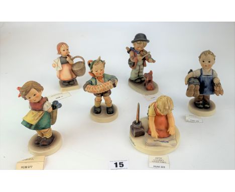 6 Hummel figures-  'Accordian Boy' 185 , 'Meditation' 13, 'Boots' 143, 'With Loving Greeting' 309 (4"), 'Puppy Love' 1 (5.5")