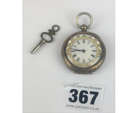 Silver fob watch with enamel face, 1.5". With key. Total w: 1.2 ozt (running)