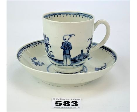 Worcester blue and white teacup and saucer, 18th c.  Cup 2.5" high, saucer 5" diameter.
