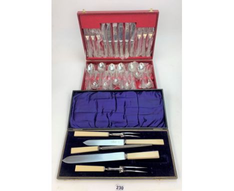 2 cased plated cutlery sets - 5 piece carving set by Wm. Hutton &amp; Sons Sheffield and 24 pce Kings Pattern plated canteen 