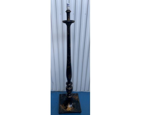 Black lacquered standard lamp painted with oriental scenes (some damage to paintwork), 65" high to top of fitting