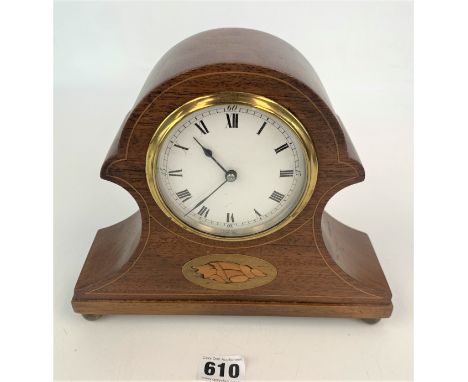 Inlaid mahogany balloon shaped mantle clock. 9" long x 7.5" high