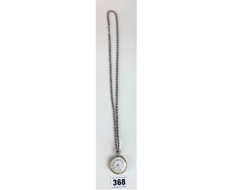 Silver fob watch with enamel face, 1.5". On silver chain 24" long. Total w: 1.4 ozt (not running)