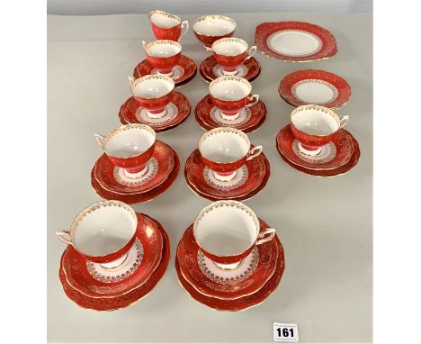 33pc Royal Standard red and gilt teaset- milk jug, sugar bowl, 9 saucers, 9 cups, 12 side plates, sandwich plate