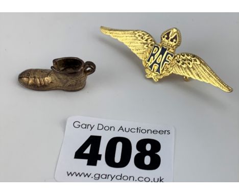Gold plated RAF wings tie pin 2" long and gold plated boot charm
