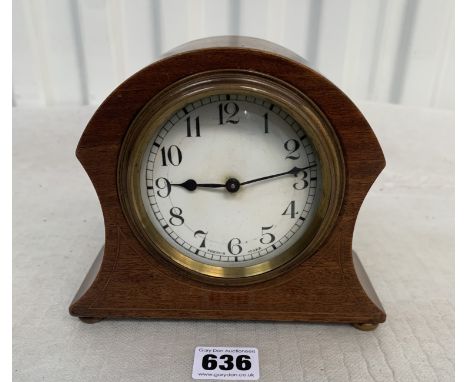 Inlaid wooden mantle clock, 7"w x 2.5"d x 5.5"h